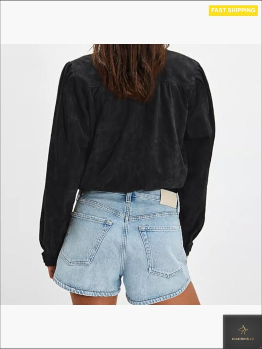 Faux Suede Oversized Cropped Jacket with Puffed Sleeves and Stand Collar - Picture 4 of 7